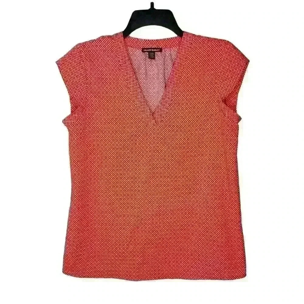 Hilary Radley women's pink and white geometric v-neck blouse size small